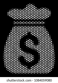 Dot white money bag icon on a black background. Vector halftone concept of money bag icon done with spheric points.