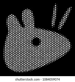 Dot white mouse head icon on a black background. Vector halftone composition of mouse head icon created with spheric dots.