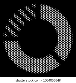 Dot white pie chart icon on a black background. Vector halftone pattern of pie chart pictogram made from circle pixels.