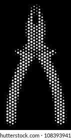 Dot white pliers icon on a black background. Vector halftone pattern of pliers symbol constructed of spheric elements.