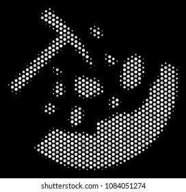 Dot white rocks mining icon on a black background. Vector halftone mosaic of rocks mining symbol organized from spheric items.