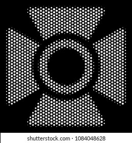 Dot white searchlight icon on a black background. Vector halftone composition of searchlight symbol made with round dots.