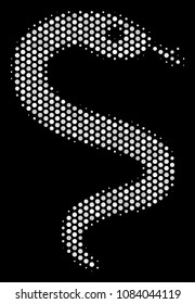 Dot white snake icon on a black background. Vector halftone mosaic of snake symbol composed with circle points.