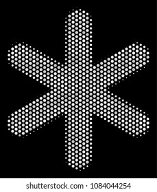 Dot white snowflake icon on a black background. Vector halftone composition of snowflake symbol organized with spheric items.