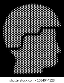 Dot white soldier helmet icon on a black background. Vector halftone illustration of soldier helmet symbol formed from round points.