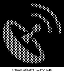 Dot white space antenna icon on a black background. Vector halftone illustration of space antenna pictogram organized with round points.
