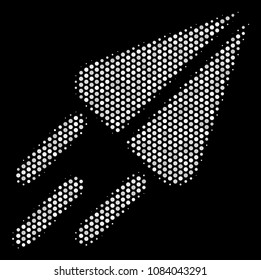 Dot white space ship icon on a black background. Vector halftone mosaic of space ship pictogram combined with circle pixels.