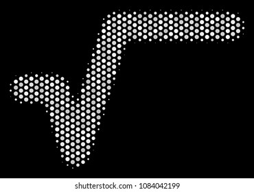 Dot white sqrt icon on a black background. Vector halftone composition of sqrt pictogram created with spheric elements.