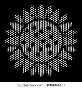Dot white sunflower icon on a black background. Vector halftone illustration of sunflower pictogram made with spheric pixels.
