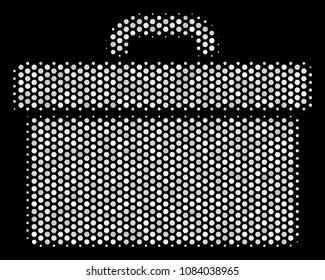 Dot white toolbox icon on a black background. Vector halftone mosaic of toolbox pictogram constructed from spheric points.