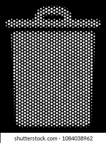 Dot white trash bin icon on a black background. Vector halftone collage of trash bin symbol constructed with spheric points.