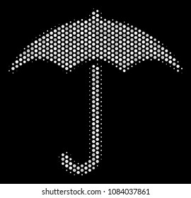 Dot white umbrella icon on a black background. Vector halftone illustration of umbrella icon constructed with round pixels.