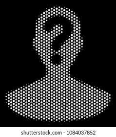 Dot white unknown person icon on a black background. Vector halftone collage of unknown person symbol done of spheric pixels.