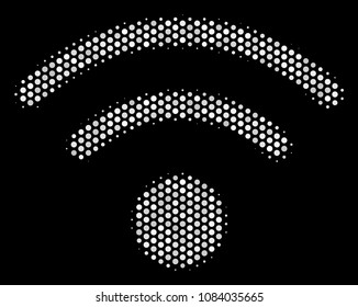 Dot white Wi-Fi icon on a black background. Vector halftone collage of Wi-Fi icon designed of round items.