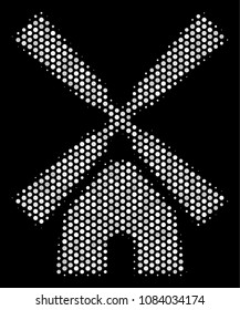 Dot white wind mill icon on a black background. Vector halftone composition of wind mill icon created with spheric dots.