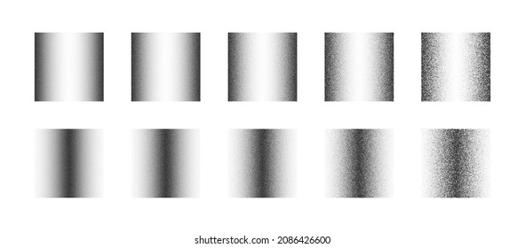 Dot Work Hand Drawn Stippled Abstract Linear Gradients Vector Set In Different Variations Isolated On White Background. Various Degree Gradation Of Black Noise Stipple Dots Design Elements Collection