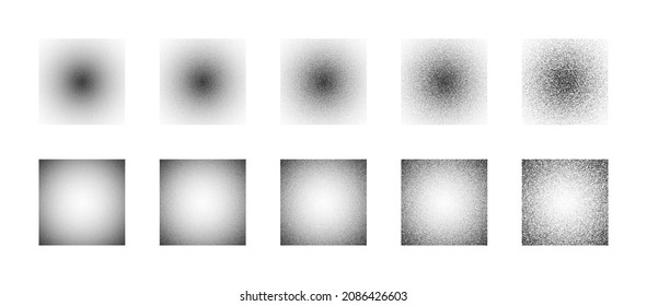Dot Work Hand Drawn Stippled Abstract Radial Gradients Vector Set In Different Variations Isolated On White Background. Various Degree Gradation Of Black Noise Stipple Dots Design Elements Collection
