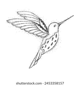Punktartige Illustration eines Kolibris, der mitten im Flug gefangen wurde, mit ausgestreckten Flügeln.  Unzählige Punkte erzeugen Schattierungen und Texturen.