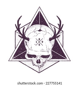 Dot work skull illustration with geometric hipster abstraction. Trendy styled monochrome print. Vector illustration. 
