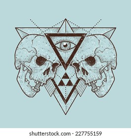 Dot work skull illustration with geometric hipster abstraction. Trendy styled monochrome print. Vector illustration. 