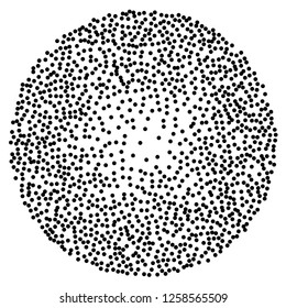 Dot work sphere. Pointillism style. Vintage engraved ball. Chaotic halftone circle vector logo symbol. Abstract dotted globe illustration on white background. Vector splatter of calligraphy ink