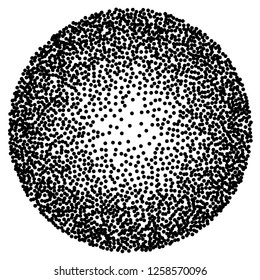 Dot work sphere. Pointillism style. Vintage engraved ball. Chaotic halftone circle vector logo symbol. Abstract dotted globe illustration on white background. Vector splatter of calligraphy ink
