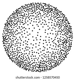 Dot work sphere. Pointillism style. Vintage engraved ball. Chaotic halftone circle vector logo symbol. Abstract dotted globe illustration on white background. Vector splatter of calligraphy ink