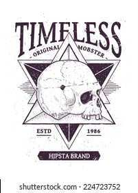 Dot work styled print with skull and geometric hipster elements. Vector illustration. 