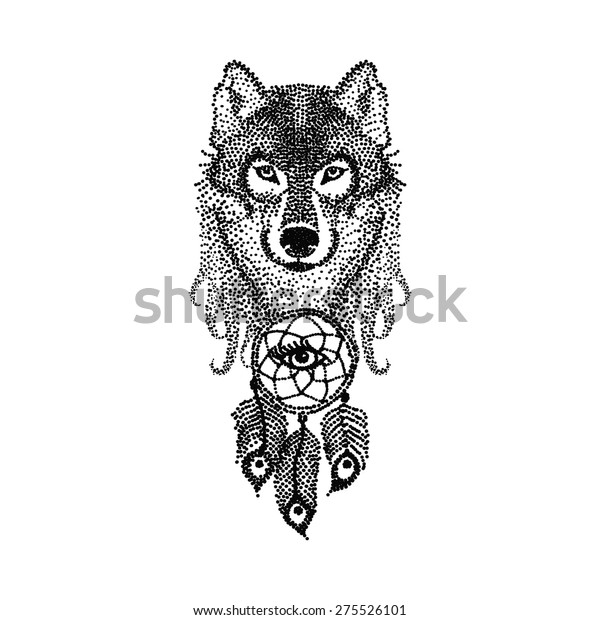 Dot Work Tattoo Design Stylized Wolf Arkivvektor Royaltyfri