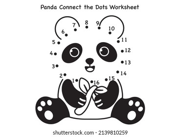 Dot to dot worksheet for kids. Black and white panda character illustration.