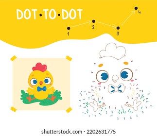 Dot to dot worksheet template with baby chicken.Numbers games for kids. Coloring page. Vector EPS 10 illustration. Dot to dot game with numbers and answer for kids. Connect the dots by numbers.