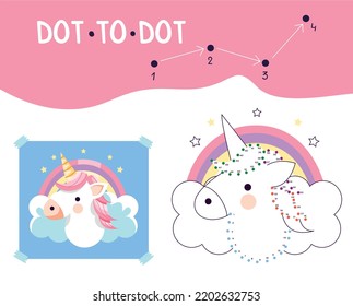 Dot to dot worksheet template with unicorn .Numbers games for kids. Coloring page. Vector EPS 10 illustration.Dot to dot game with numbers and answer for kids. Connect the dots by numbers.