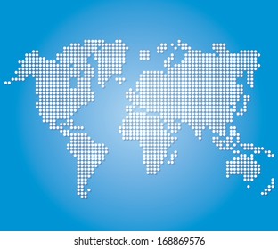 Dot World maps and globes on blue color background. Vector 
