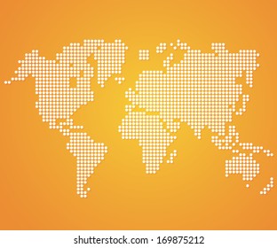 Dot World maps and globes on orange color background. Vector