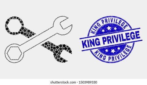 Dot wrenches mosaic icon and King Privilege stamp. Blue vector round scratched stamp with King Privilege message. Vector combination in flat style. Black isolated wrenches mosaic of random dots,