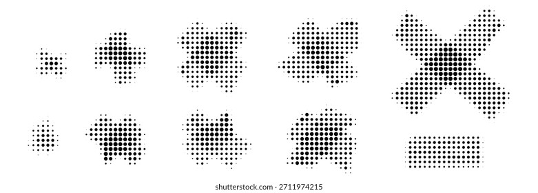Conjunto de iconos de cinta Dot X, whisky de medio tono, colección de piezas de cinta adhesiva de gradiente. Stipple rasgado rayas pegajosas, colección de corte scotch retro de ruido, Ilustración vectorial de Elementos halfton