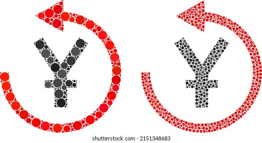 Dot Yen chargeback Symbol. Mosaik Yen Chargeback Symbol vereint aus sphärischen Elementen in verschiedenen Größen und Farbvariationen. Vektorgrafik-Spots sind in das Zeichengelenk-Icon für Illustrationen eingebunden.