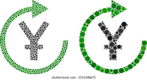 Werde das Symbol von Yen zurückzahlen. Collage Yen Repay Symbol aus sphärischen Elementen in variabler Größe und Farbtönen. Vektorsphärische Flecken werden in Collage Yen Repay Icon.