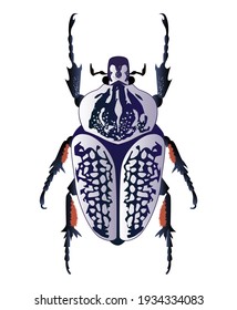 Doted bug with violet wings. Entomology illustration. Lilac horned beetle. Symmetrical modern illustration.