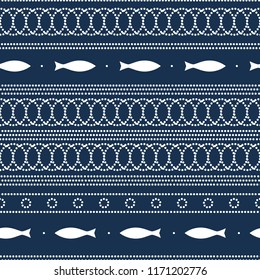 Doted circles and fishes ornament geometric seamless pattern in blue and white, vector