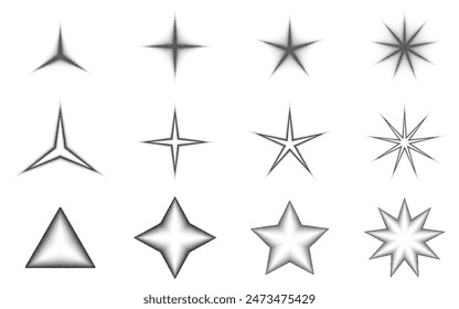 Icono de estrella granulada con puntos colección. Forma de estrella de textura de ruido puntiagudo. destello de semitono