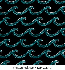 Doted ocean waves blue and black seamless pattern, vector