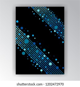 Dotes and diagonal lines page decoration with bokeh shiny and glow sequins graphic template blue and black . 