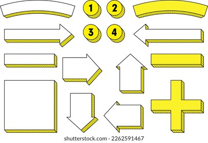 Dot-patterned three-dimensional arrow, heading, and graphic design parts set, yellow