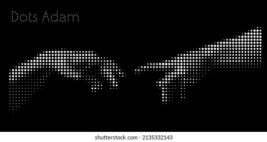 Dots Adam. Vector illustration of hands reaching out for touch in black and white dot halftone vintage style design.