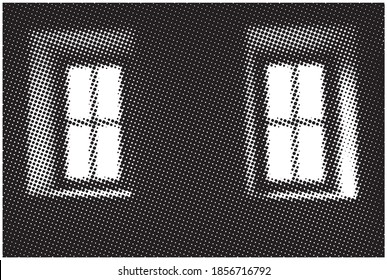 Dots Background open window . Halftone Vintage Backdrop. Pop-art Gradient Texture. Distressed Black and White Pattern. Vector illustration