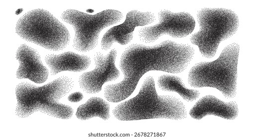 Dots schwarzen Farbverlauf Doodle Formen gesetzt. Unregelmäßige Spray monochrome Farbfiguren. Zufällige abstrakte Kornflüssigkeiten. Unregelmäßige Formspritzer. Vektorhintergrund-Designgrafik.