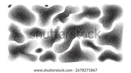 Dots black gradient doodle shapes set. Irregular spray monochrome paint figures. Random abstract grain fluids. Uneven shape splashes. Vector background design illustration.