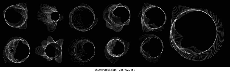 Dots in blob Form . Rotate dots circles Vector Illustration .Lots of halftones form a ring . Design element . Various halftone dots forming round frame . Liquid blob shape.Abstract Geometric dot art 