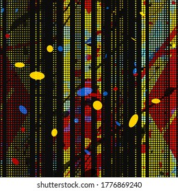 Dots and blots. Bright small circles on black backdrop.  seamless texture. Abstract vector background for web page, banners backdrop, fabric, home decor, wrapping